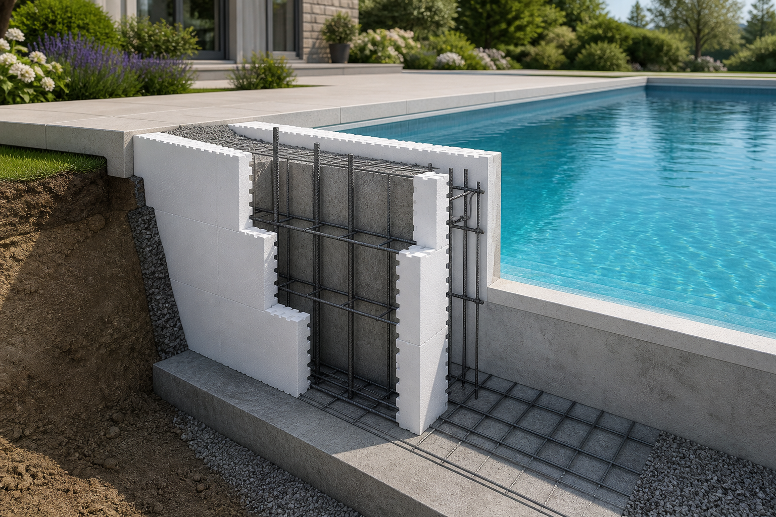 Vue en coupe d’une piscine en blocs de polystyrène avec ferraillage et cœur en béton armé
